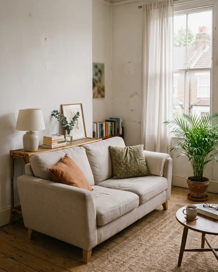 Beige linen sofa floated off the wall with a rattan chair and jute rug in a small humid-climate living room
