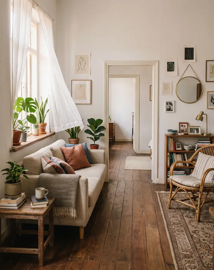 Long narrow living room arranged to keep a clear airflow path from window to door in a humid apartment