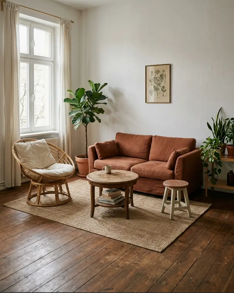 Terracotta sofa and rattan chair floated toward the center of a small tropical living room
