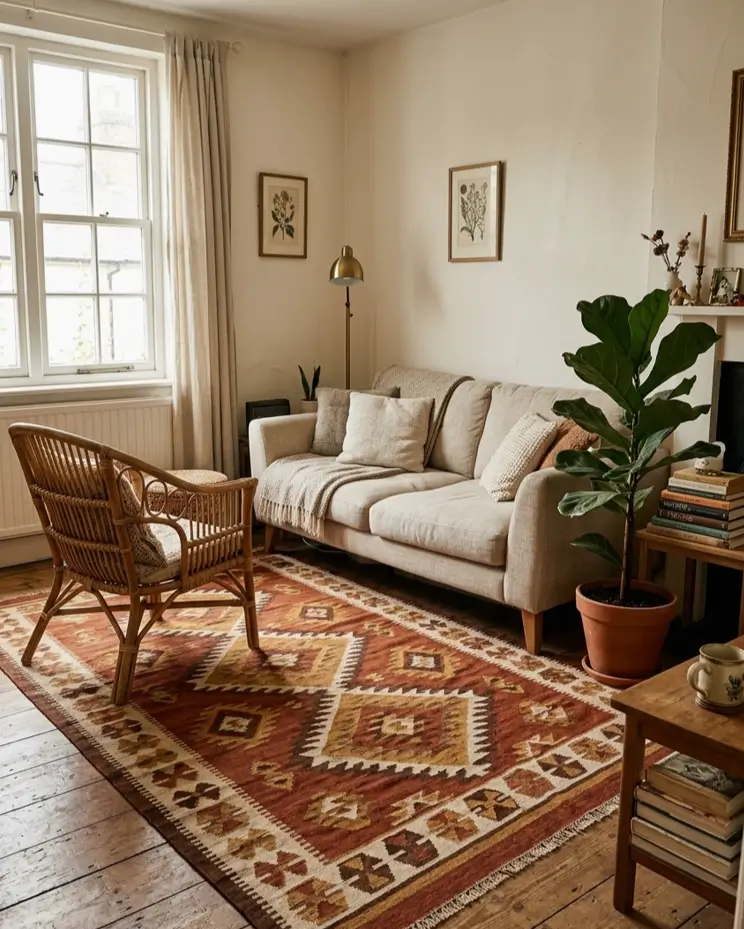 Bold rust kilim flatweave rug zoning the seating area in a cozy rented apartment living room