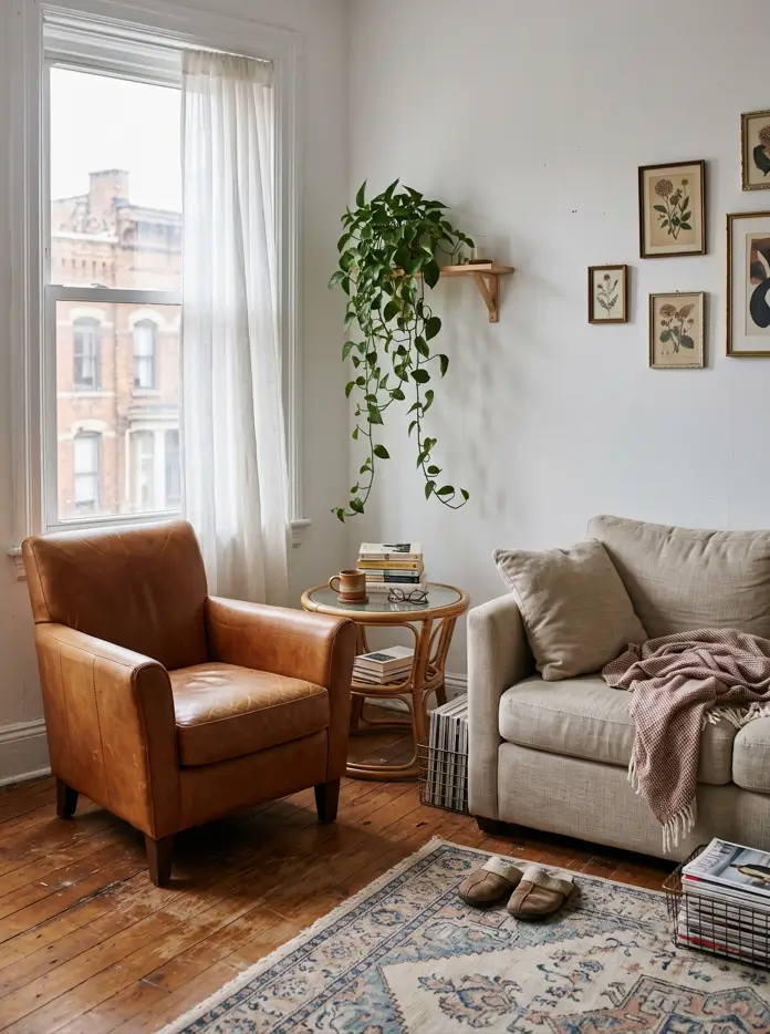 Grey sofa used as a room divider between the living area and a dining nook in a small studio apartment