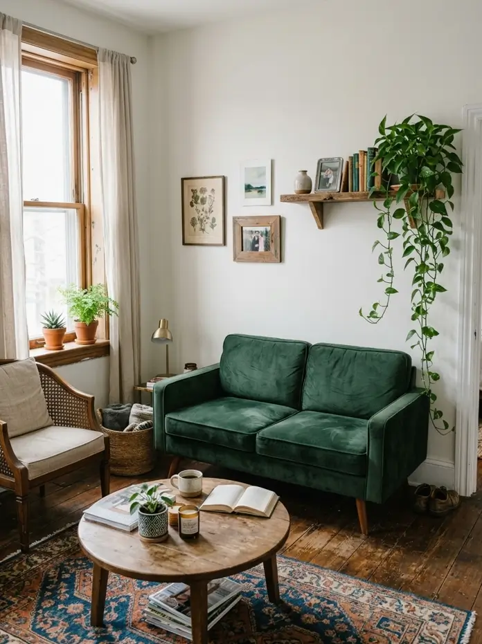 Small two-seater sofa by a tropical window in a compact humid-climate living room