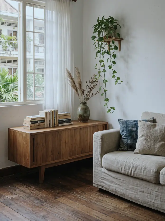 Slim beige linen sofa on tall wooden legs with a palm and jute rug in a small apartment