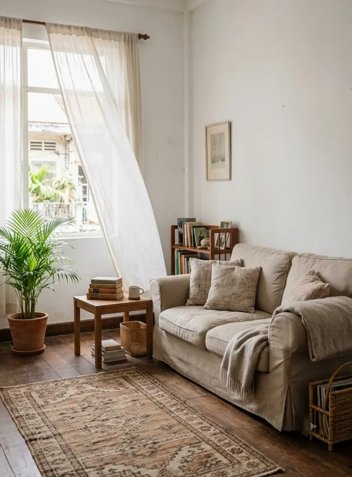 Round rattan accent chair with a terracotta throw in a cozy tropical-climate living room