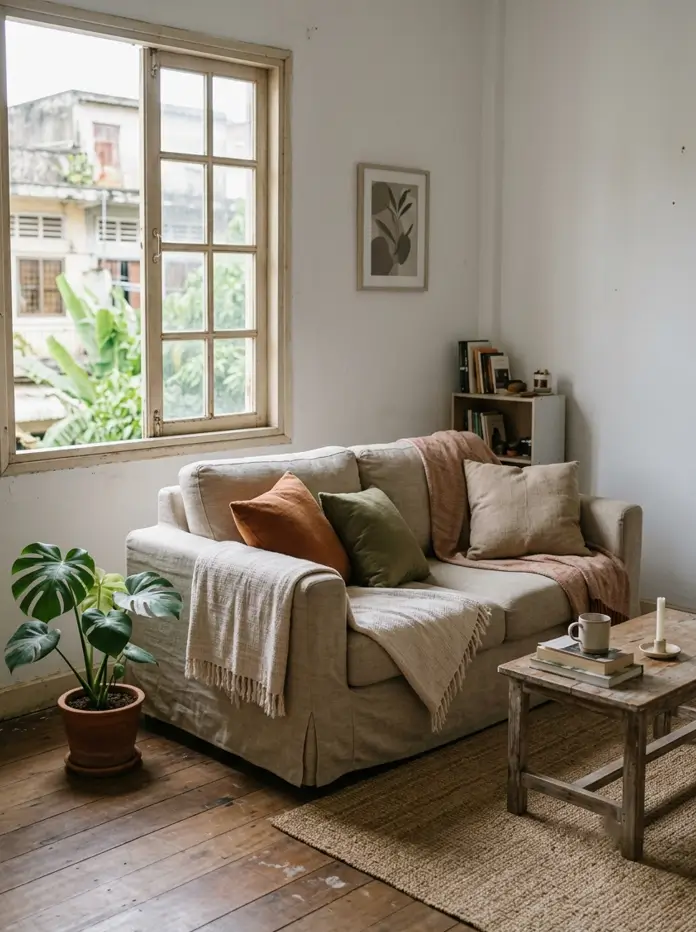 Light rattan chair as flexible extra seating beside a linen sofa in a small apartment living room