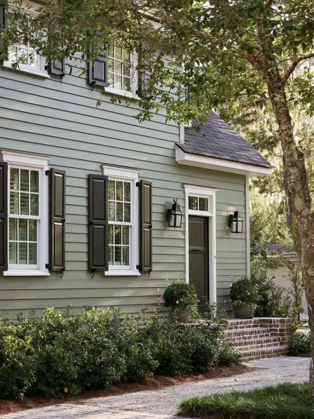Sage green house exterior in Benjamin Moore Saybrook Sage with white trim and dark green shutters