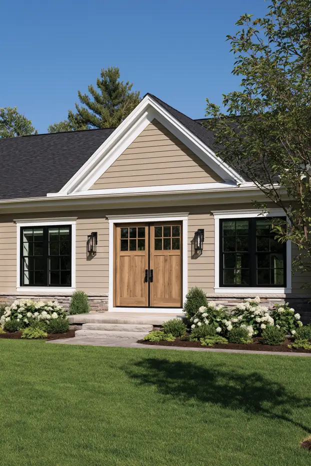 Universal Khaki siding paired with white trim reflecting current  2026 exterior paint color trends.