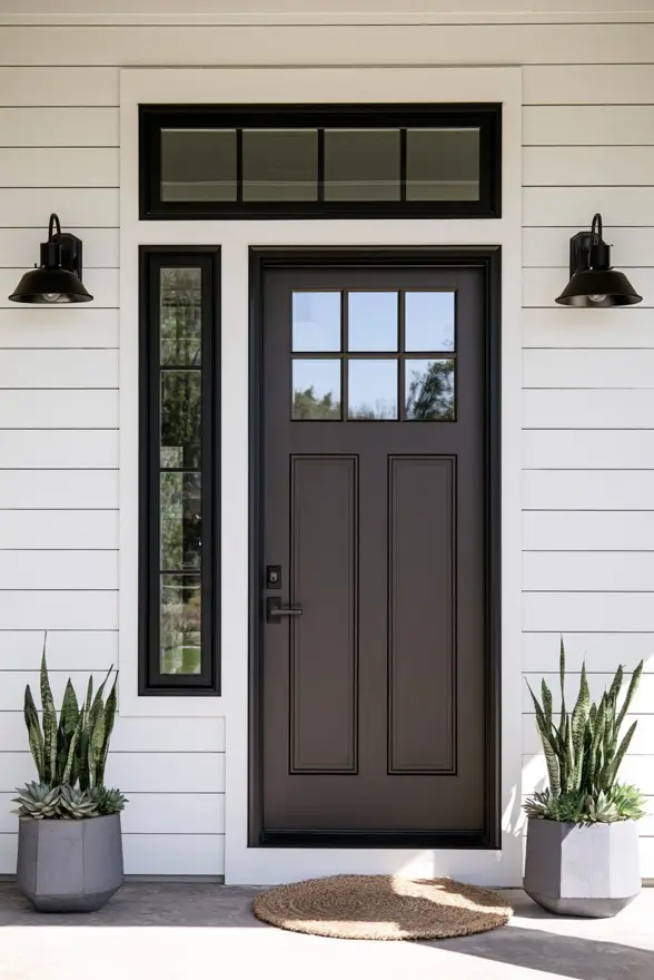 Espresso-brown craftsman front door on white siding, one of the best front door colors for 2026