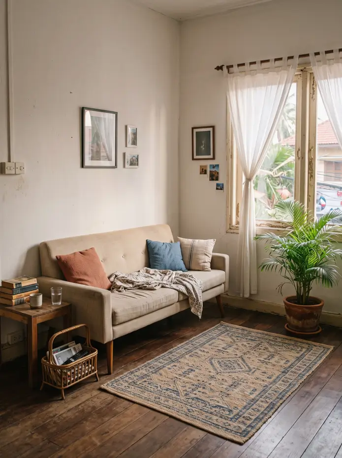 Cozy reading corner with a rattan chair and trailing plants by the window in a small living room