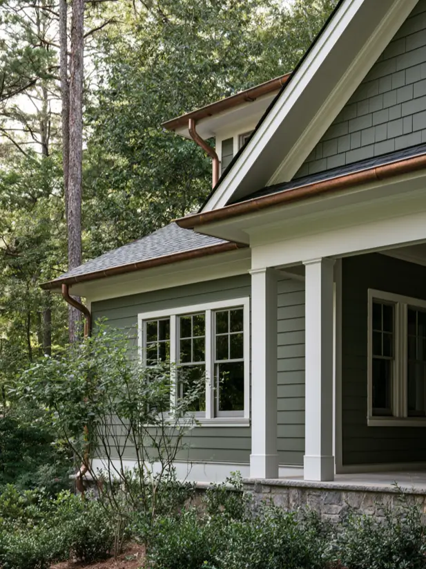 Deep sage green house exterior with copper gutters, white trim and stone porch base