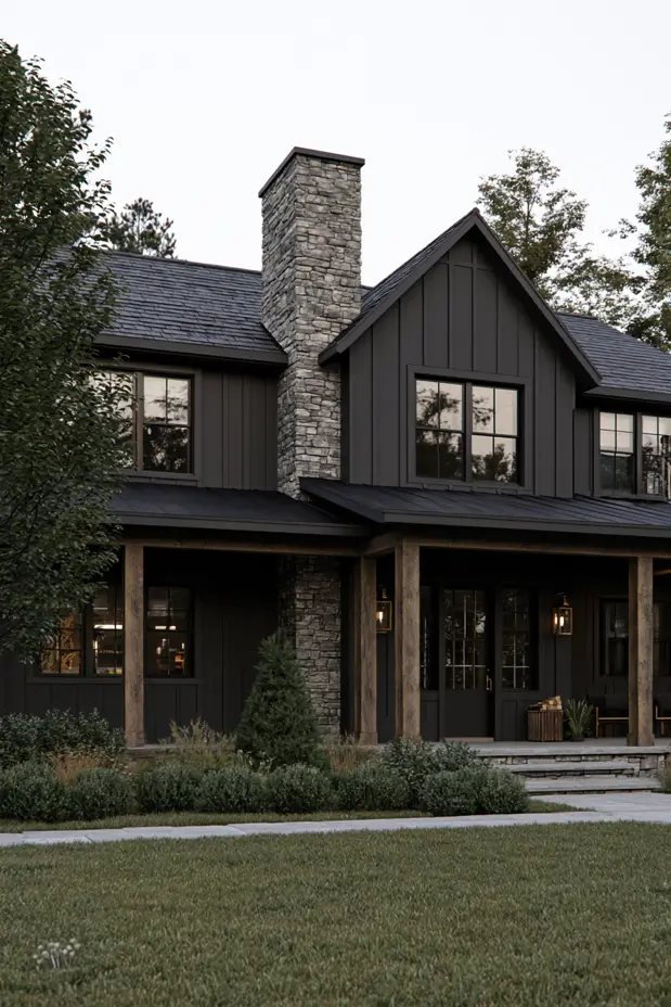 Modern farmhouse featuring warm black Benjamin Moore Wrought Iron siding illustrating cozy exterior paint color trends.