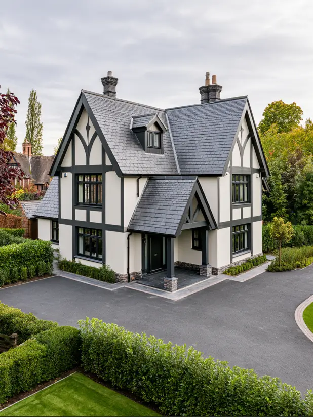 White modern Tudor with black half-timbering, a slate roof and clipped hedges