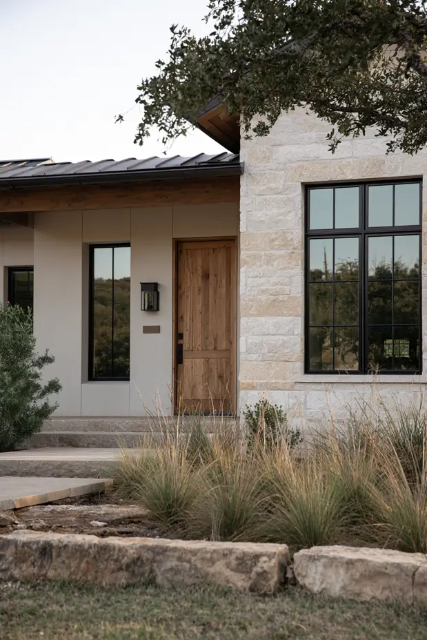 Warm clay stucco exterior featuring natural stone masonry and wood entry door reflecting earthy exterior paint color trends.