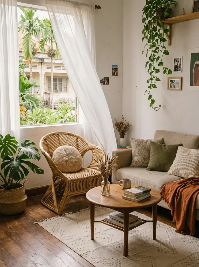 Round wooden coffee table with slim legs and a rattan chair in a bright humid-climate living room