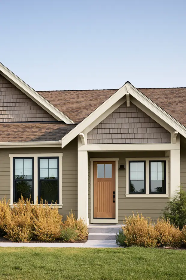 Single-story greige ranch entry with a natural wood craftsman door, cream trim, cedar-shake gable, and black grid windows