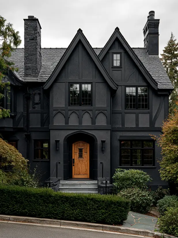 All-black modern Tudor exterior with a warm wood arched door and a stone chimney