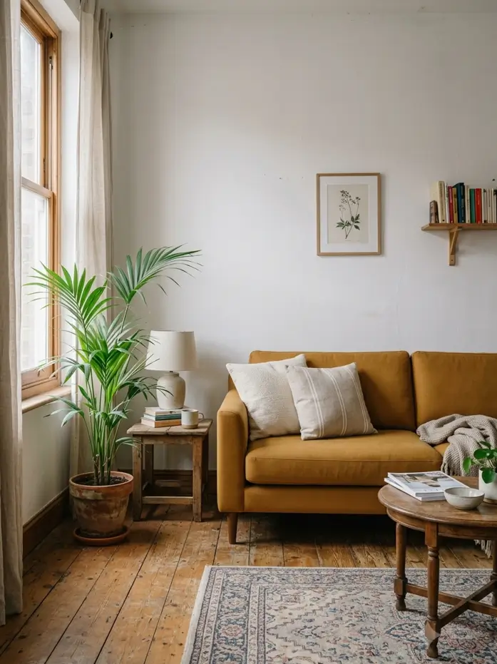 Mustard-ochre performance-fabric sofa that resists moisture in a cozy small apartment living room