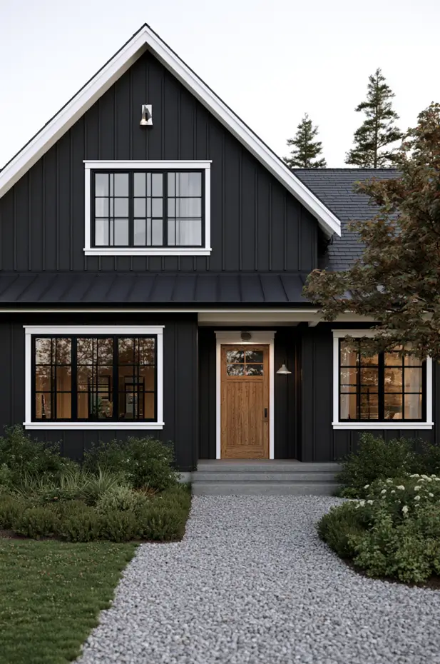 Modern farmhouse featuring dark siding with crisp white window casings highlighting reversed palette exterior paint color trends.