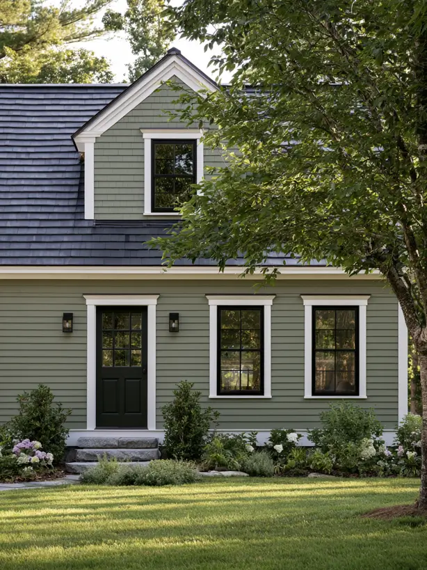 Mid sage green clapboard cape house exterior with white trim, black windows and dark door