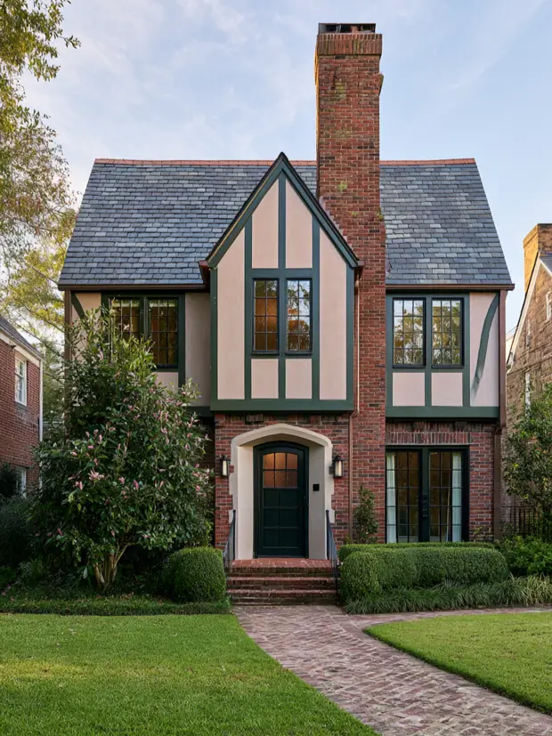 Modern Tudor with taupe stucco, green trim, a red brick chimney and a green front door