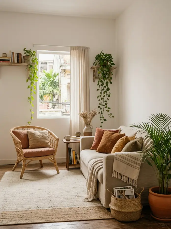 Tan top-grain leather armchair beside a rattan side table in a small tropical-climate living room