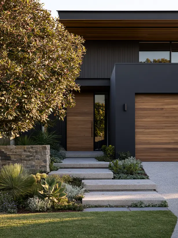 Black modern house exterior with warm teak front door and matching timber garage door, framed by succulent planting