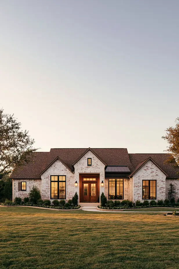 Wide single-story ranch in warm whitewashed brick with black windows, a wood double door, low gables, glowing at dusk