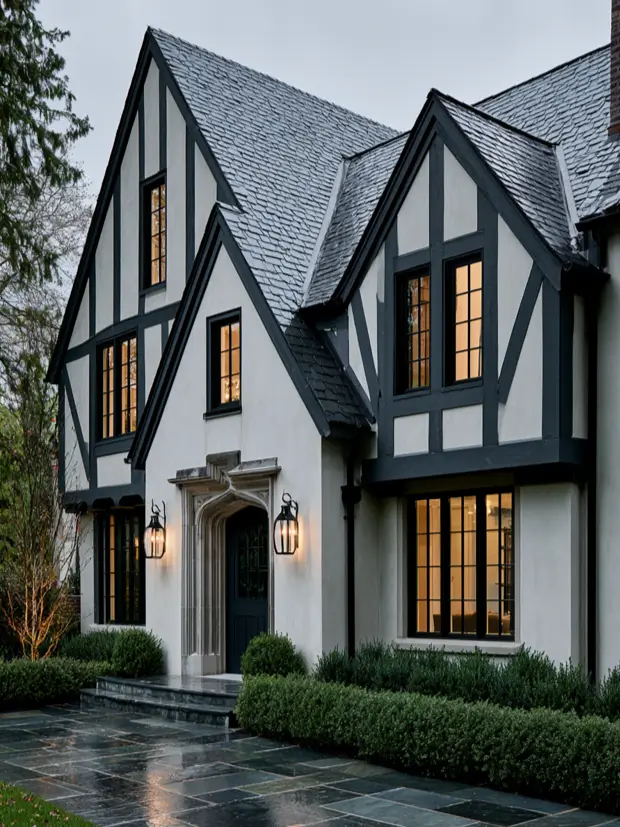 Modern Tudor at dusk with glowing windows, entry lanterns and clipped boxwood