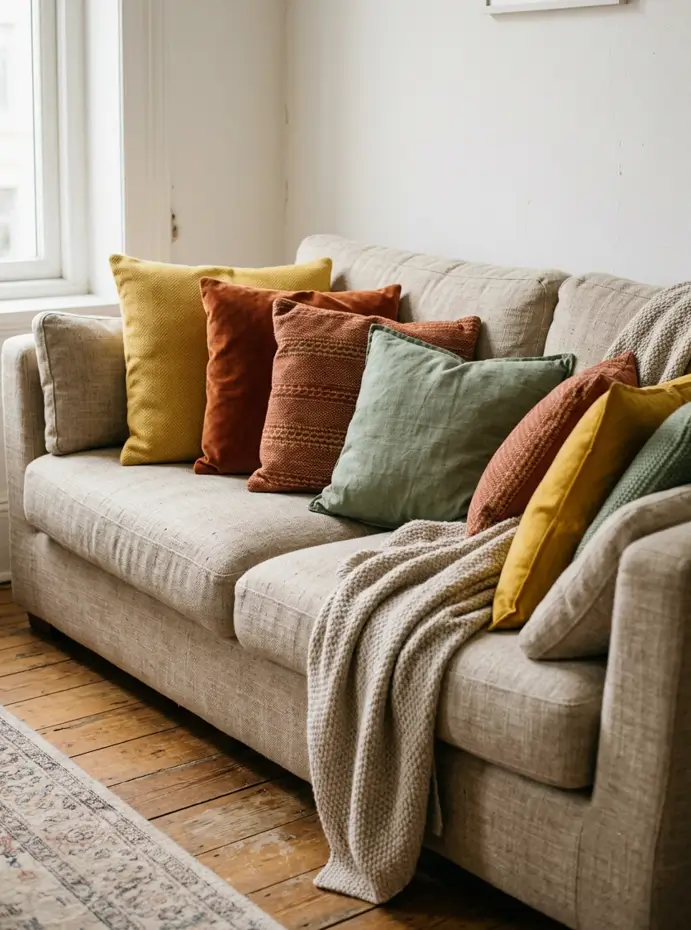 Colorful mustard, rust, and green cushion covers layered on a linen sofa in a humid apartment