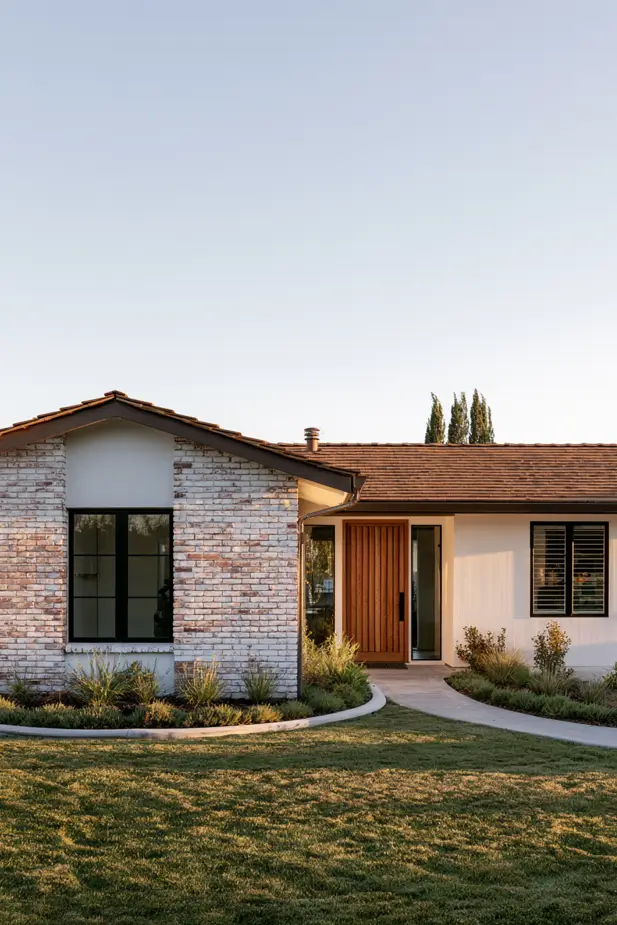 Low single-story modern ranch with a clay-tile roof, whitewashed brick, white stucco, black windows, and a wood front door