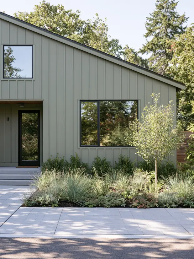 Mid grey-sage green board-and-batten modern house exterior with black windows and skillion roof