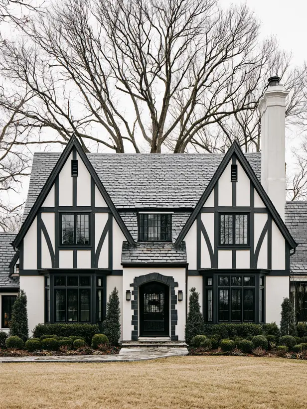 Modern Tudor with a black timber gable and a natural oak arched door in a stone surround