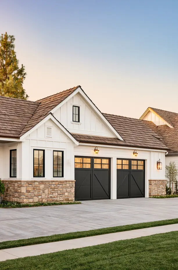 Single-story white ranch garage wing at dusk with warm-lit lantern sconces, black carriage doors, stone base, tile roof