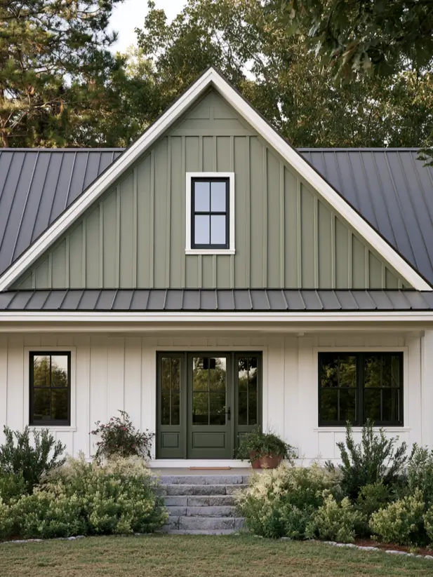 Modern farmhouse exterior with sage green gable, white board-and-batten body and black windows