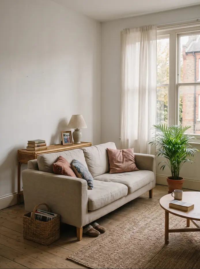 Solid teak console with trailing pothos in a cozy rented living room, moisture-resistant wood