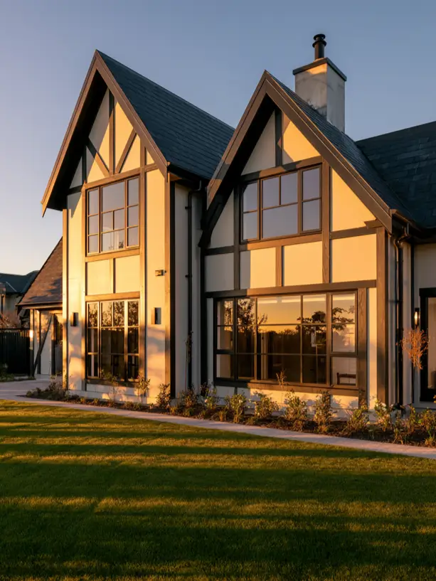 Modern Tudor with warm bronze-toned window frames and timber gables at golden hour