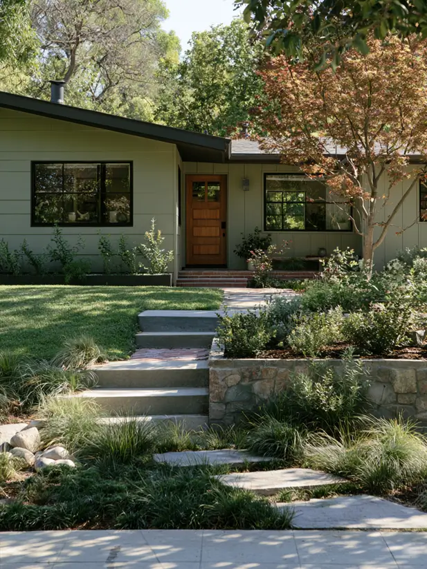 Pale grey-sage green mid-century ranch house exterior with wood door and black windows