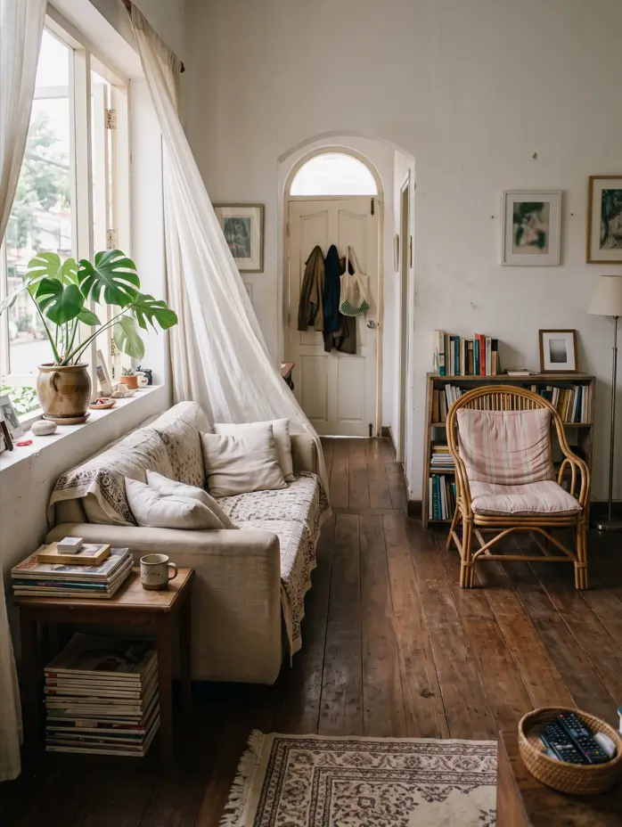 Slipcovered beige linen sofa with removable washable covers in a small humid-climate living room