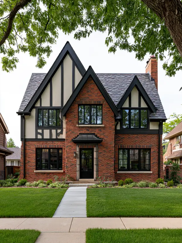 Red brick modern Tudor with cream stucco gables, black windows and a triple-gable facade