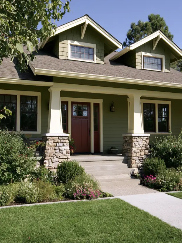 Olive green craftsman house exterior with red front door, cream trim and stone porch columns