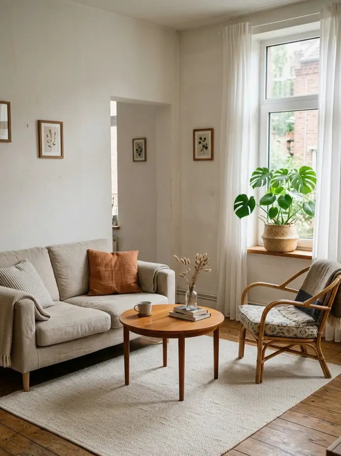 White sheer curtains billowing in the breeze in a cozy small tropical apartment living room