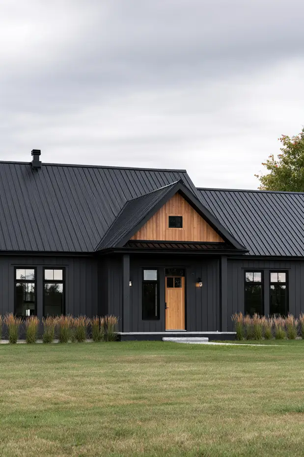 Single-story near-black board-and-batten ranch with a black metal roof, warm cedar entry gable, and ornamental grasses
