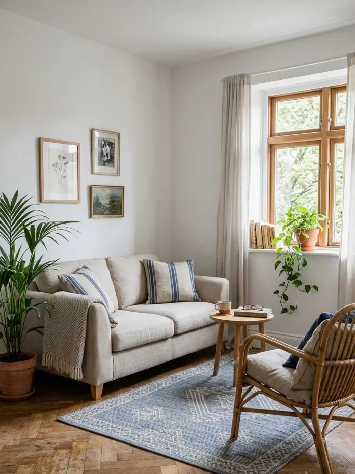 Blue flatweave rug on a herringbone wood floor in a small humid-climate living room