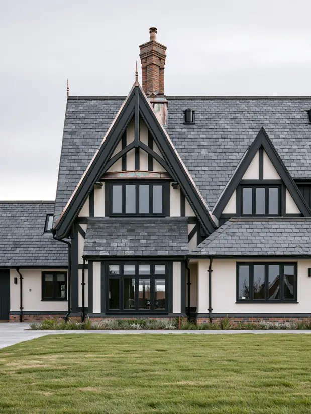 Grey modern Tudor where the steep slate roof dominates the facade with black timber gables