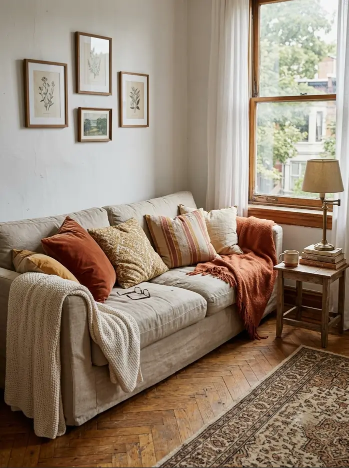 Warm rust and mustard throws and cushions layered on a sofa in a cozy rented apartment
