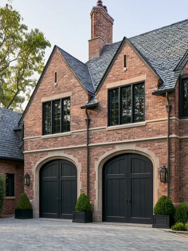 Modern Tudor with white stucco, a black metal roof and a gravel courtyard