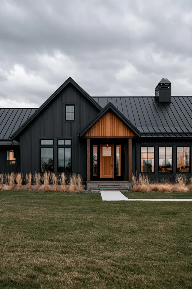 Single-story black board-and-batten ranch with a warm cedar entry gable, black metal roof, and ornamental grasses