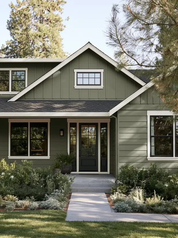 Olive sage green board-and-batten house exterior with black windows and white trim