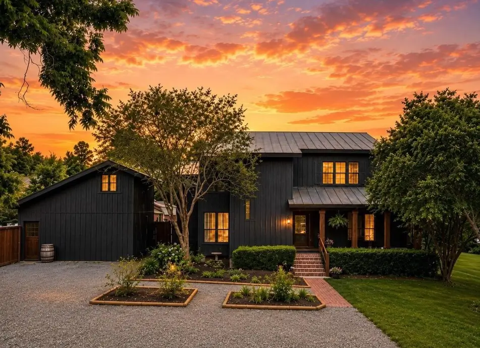 Black farmhouse exterior at sunset with board-and-batten siding, standing-seam metal roof and warm glowing windows