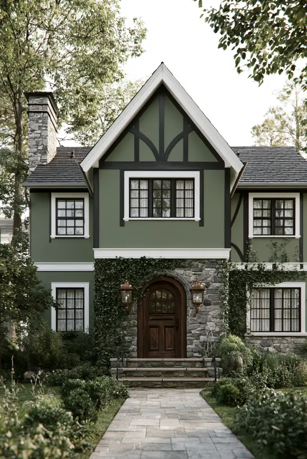 Tudor style home featuring Warm Eucalyptus Valspar 8004-28F green siding highlighting modern 2026 exterior paint color trends.
